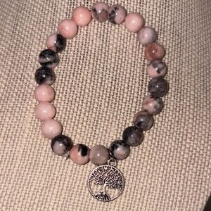 Chic Pink and Gray Beaded Bracelet with Tree of Life Charm